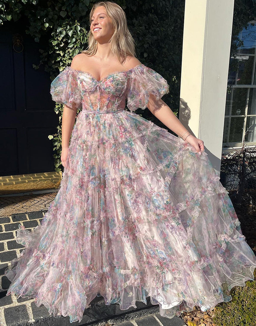 Luolandi A Line Strapless Off The Shoulder Floral Tulle Long Prom Dress Charming Evening Party Dress